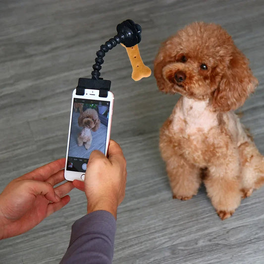 Flexible camera phone holder for pets with grips for holding treats